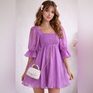 BuddyLove Women Lilac Smocked Romantic  Babydoll Mini Dress Puff Sleeve Sz Small